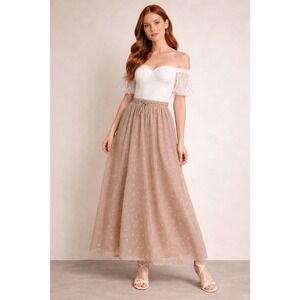 R Fashion Elegant Beige Maxi Skirt Allover Bow Print High Waisted Elastic Waist